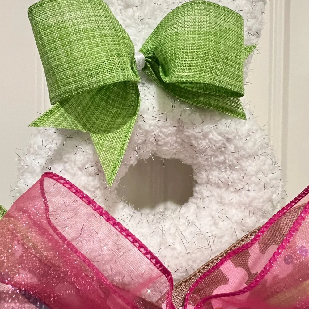 White Fluffy Yarn & Ribbon Bunny Wreath for Easter 19”L #8